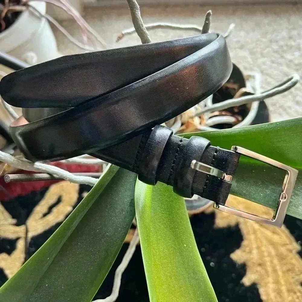 Men’s Genuine Black Leather Belt Silver Buckle Size: 40